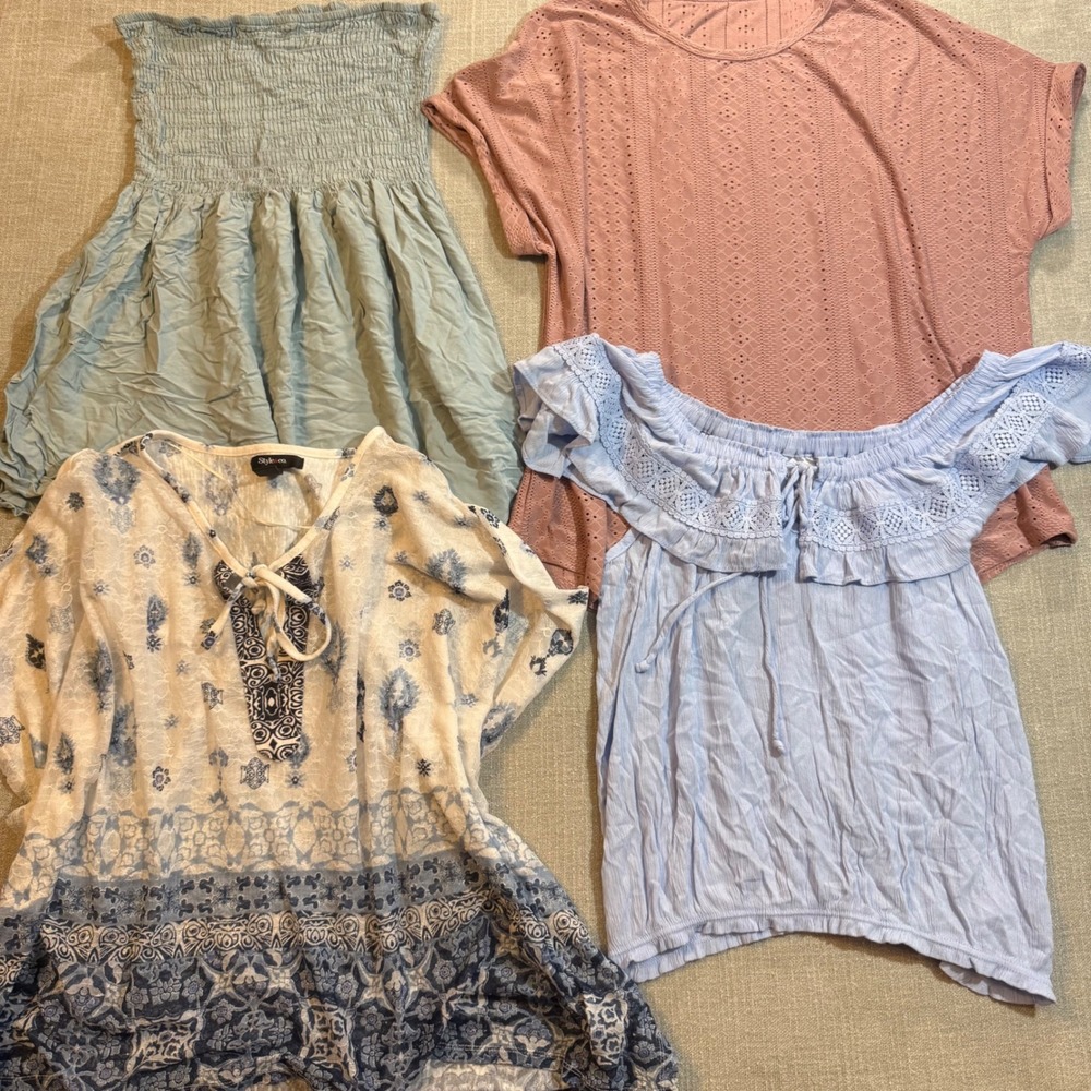 Lot 4 Women Boho Summer Tops XL Blue‎ Pink White Bundle Whimsical Y2K